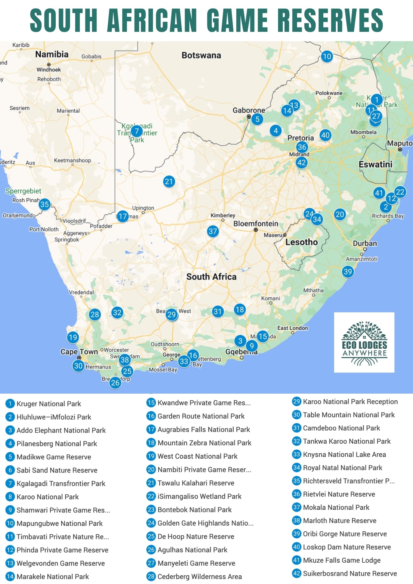 Map of South Africa with blue pins showing all game reserves