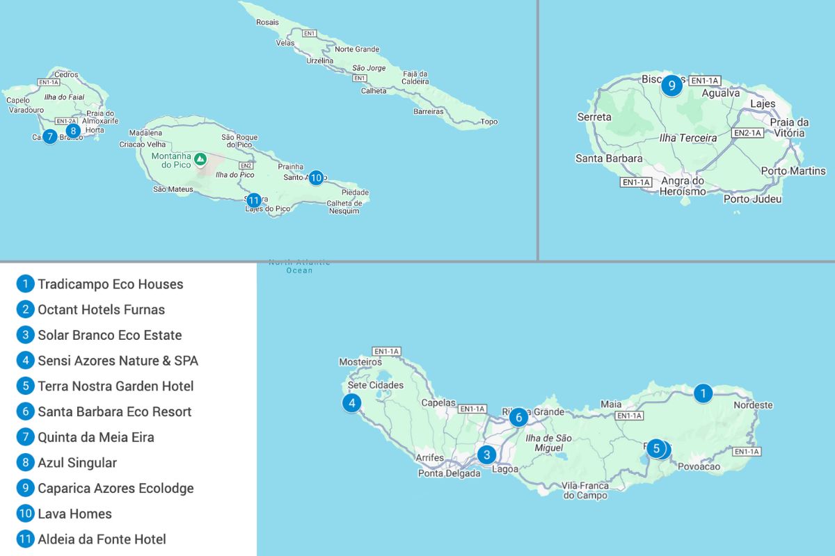 Map of the Azores with blue pins showing the eco-lodges listed in this article.
