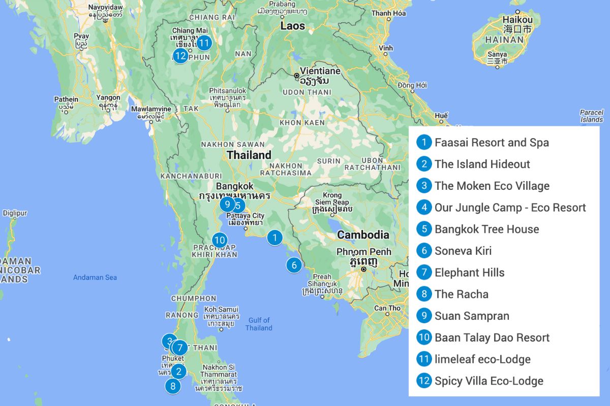 Map of Thailand with blue pins showing the eco-lodges listed in this article.