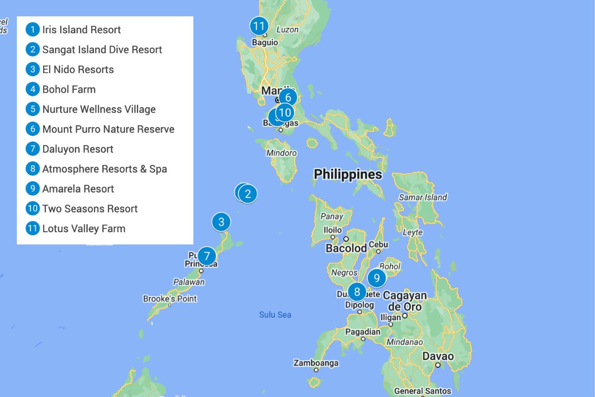 Map of the Philippines with blue pins showing the eco-lodges listed in this article.
