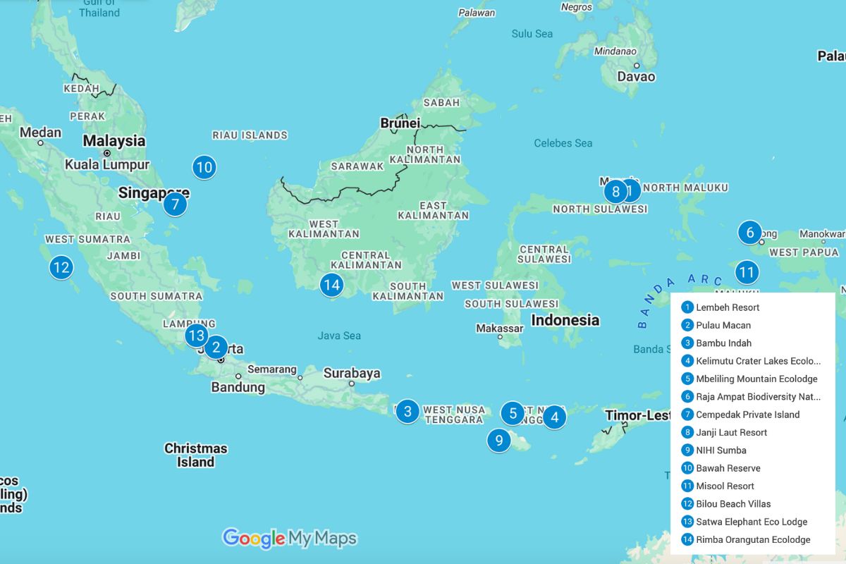 Map of Indonesia with blue pins showing the eco-lodges listed in this article.