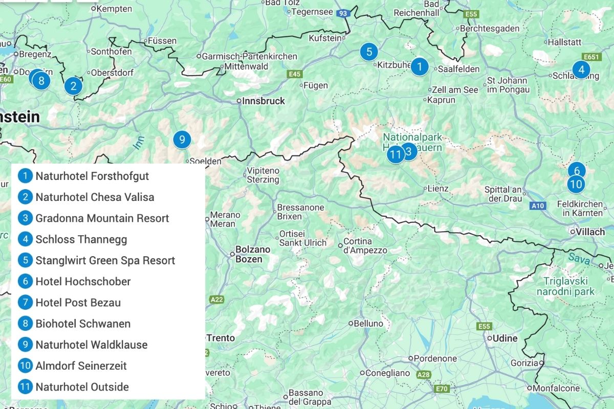 Map of Austria with blue pins showing the nature hotels listed in this article.