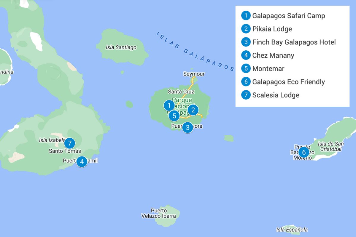 Map of the Galápagos Islands with blue pins showing the eco-lodges listed in this article.