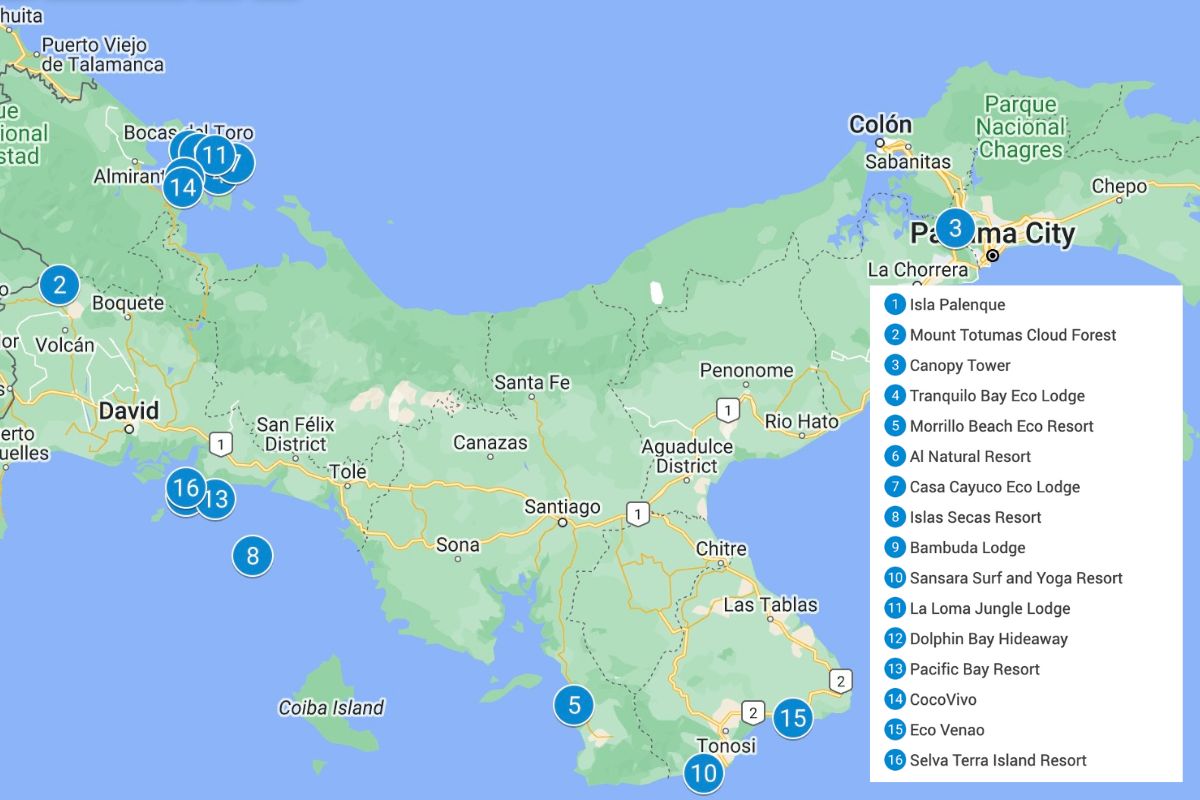 Map of Panama with blue pins showing the eco-lodges listed in this article.