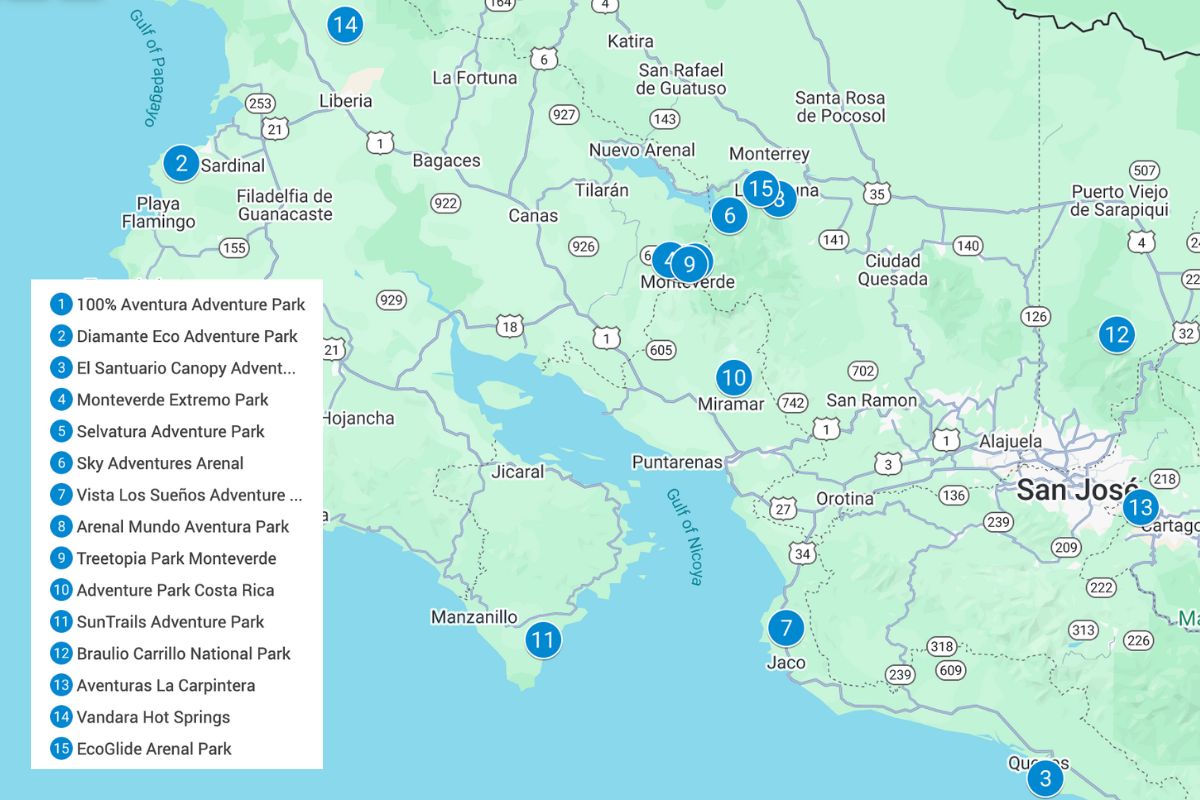 Map of Costa Rica with blue pins showing the zip lines listed in this article.