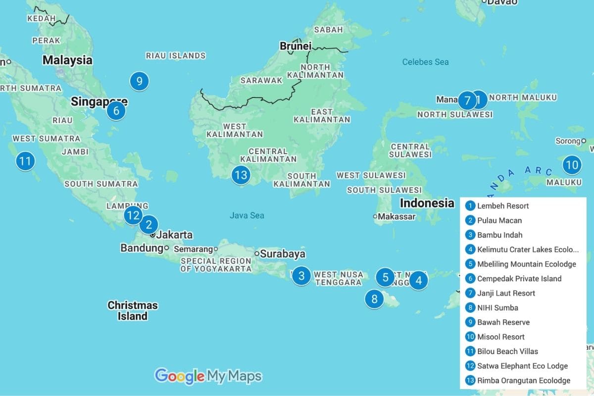 Map of Indonesia with blue pins showing the eco-lodges listed in this article.
