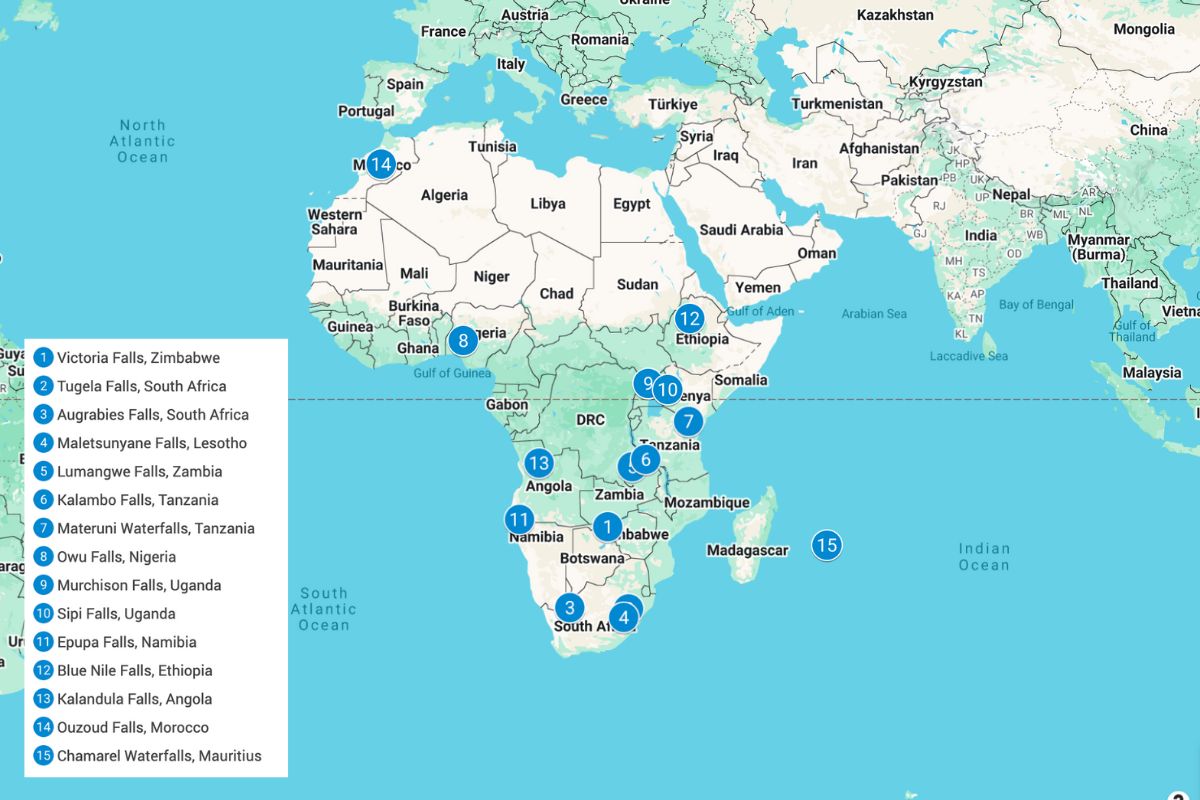 Map of Africa with blue pins showing the waterfalls listed in this article.