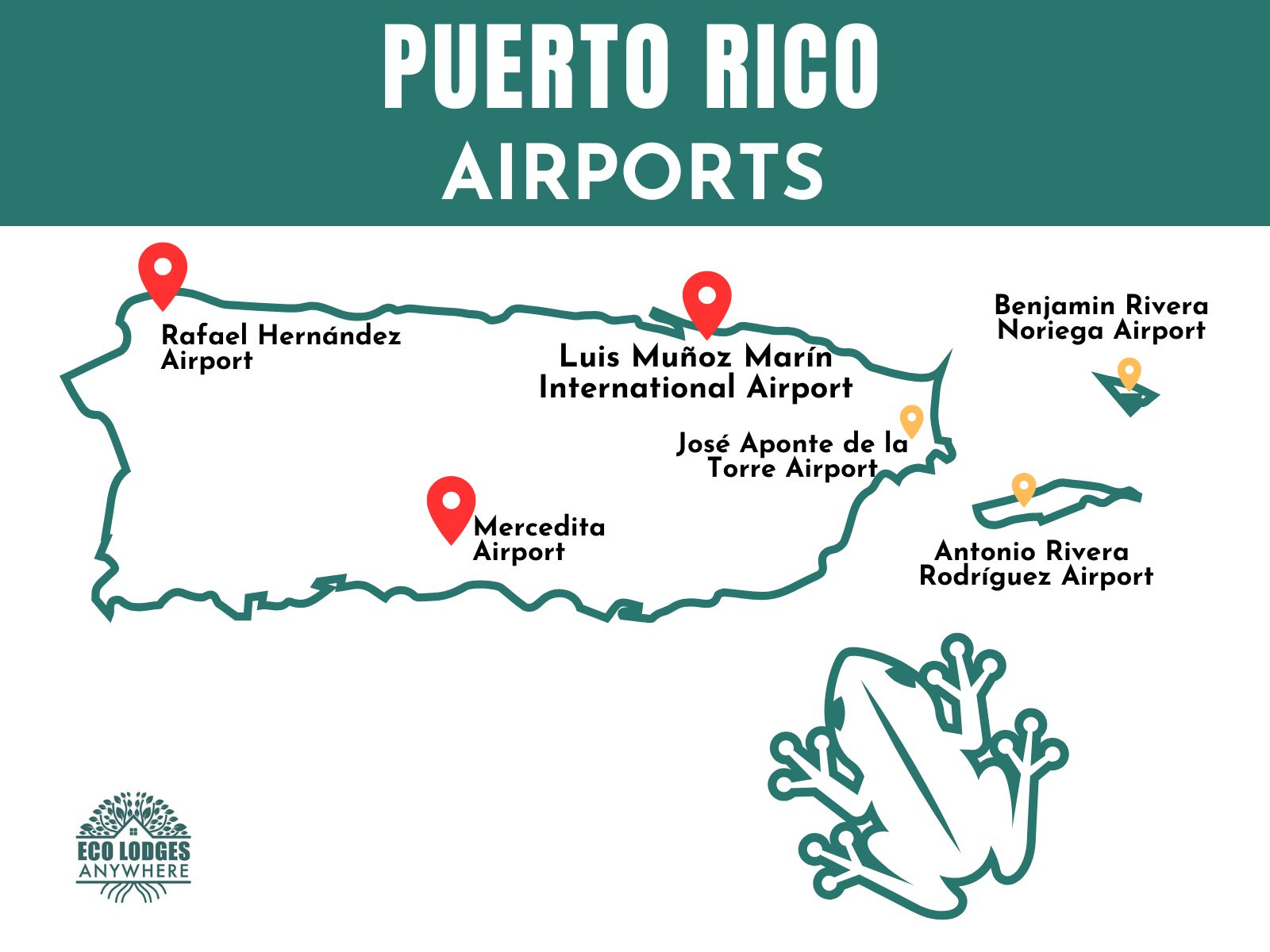 Map of Puerto Rico with pins showing all airports.