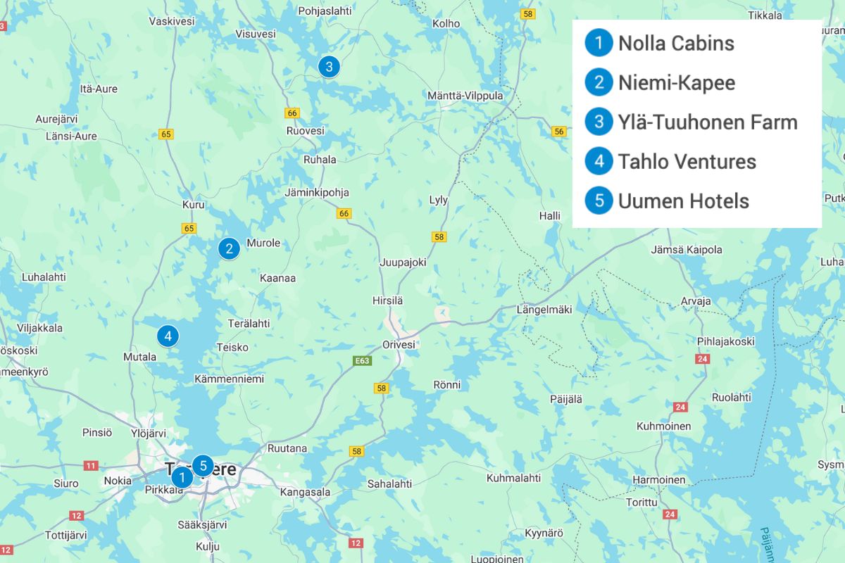 Map of Tampere, Finland with blue pins showing the eco-lodges listed in this article.