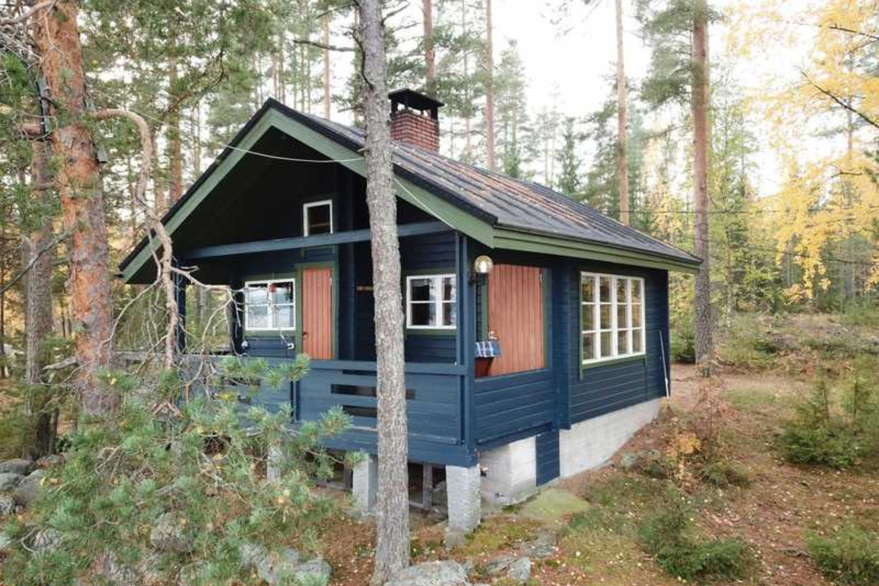 Blue wooden cottage in the forest