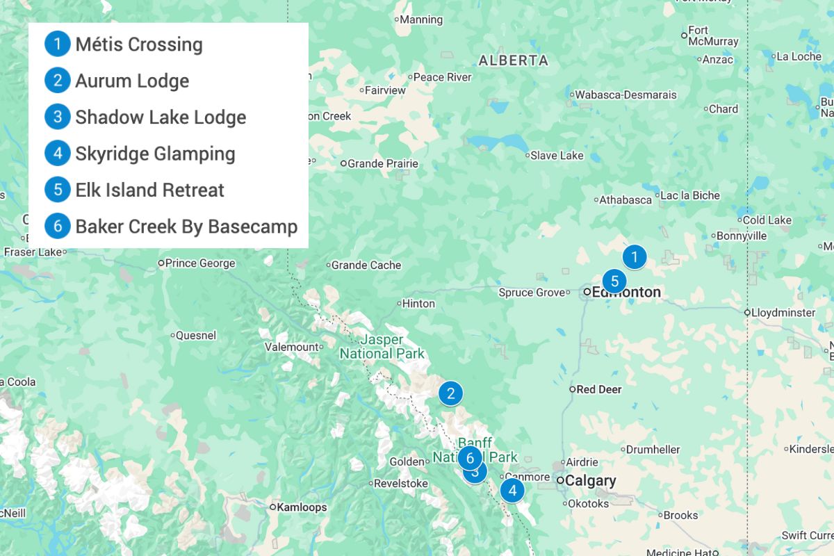 Map of Alberta with blue pins showing the eco-lodges listed in this article.