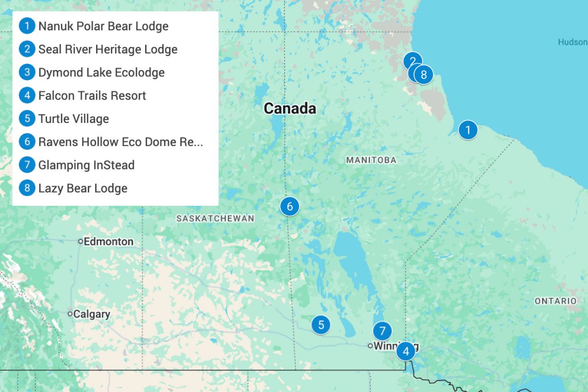 Map of Manitoba with blue pins showing the eco-lodges listed in this article.