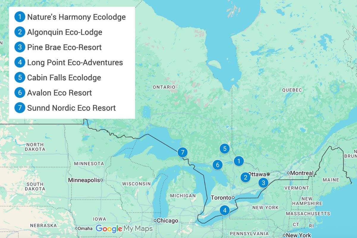 Map of Ontario with blue pins showing the eco-lodges listed in this article.