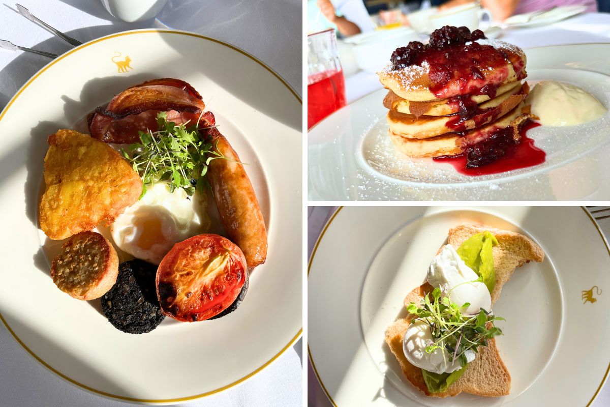 Classic Irish breakfast, avocado toast with poached eggs and pancakes nicely plated.