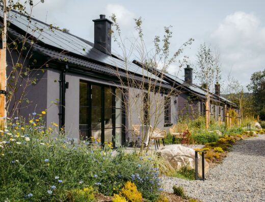 Garden view with cabins in the background