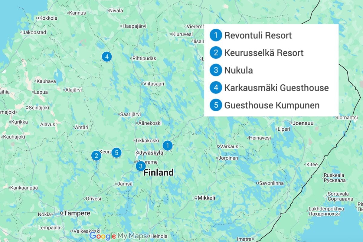 Jyvaskyla, Suomija, žemėlapis su mėlynais smeigtukais, kuriuose pavaizduoti šiame straipsnyje išvardyti ekologiniai nameliai.